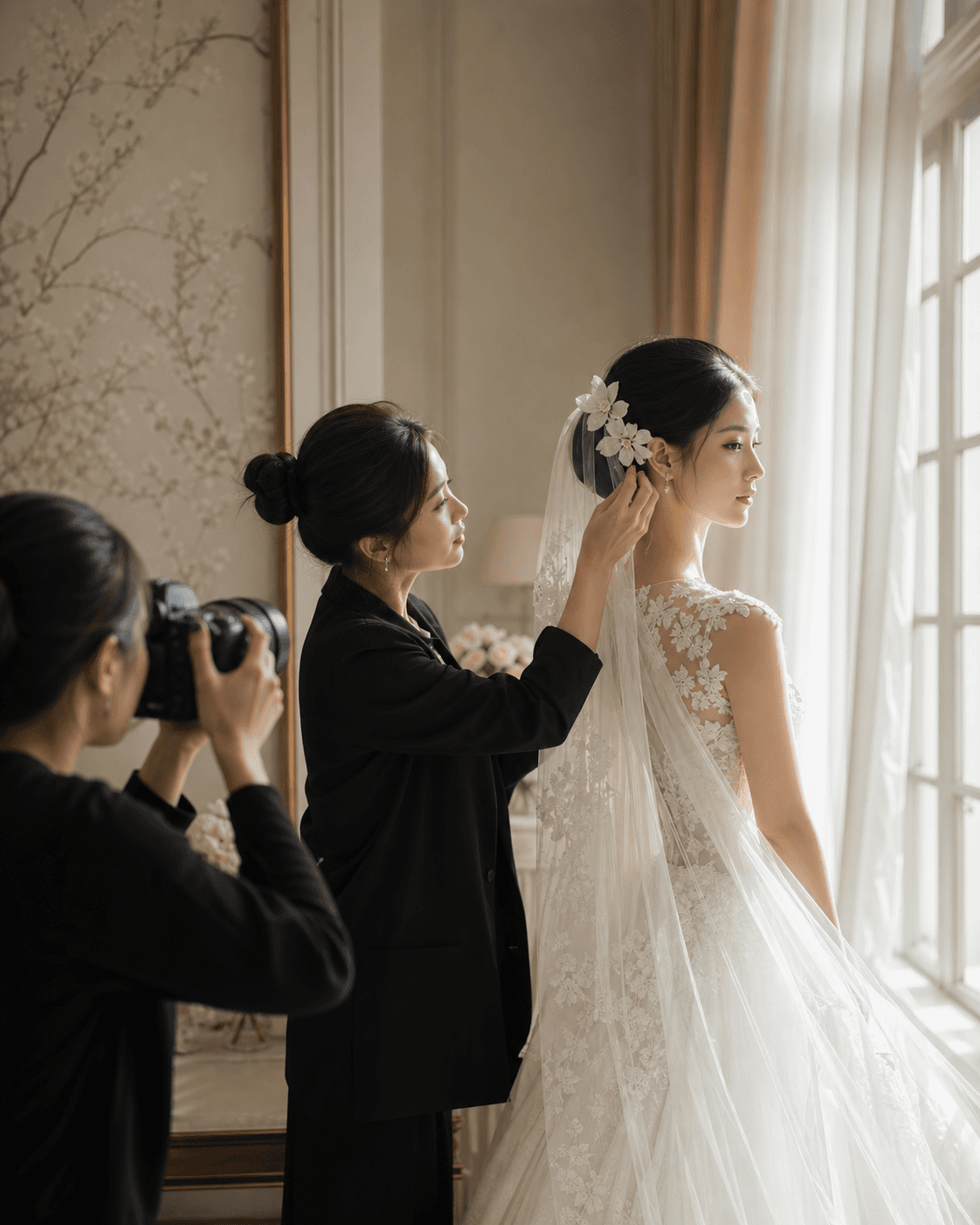 Ekip VIỆT chỉnh trang phục cho cô dâu trước buổi chụp