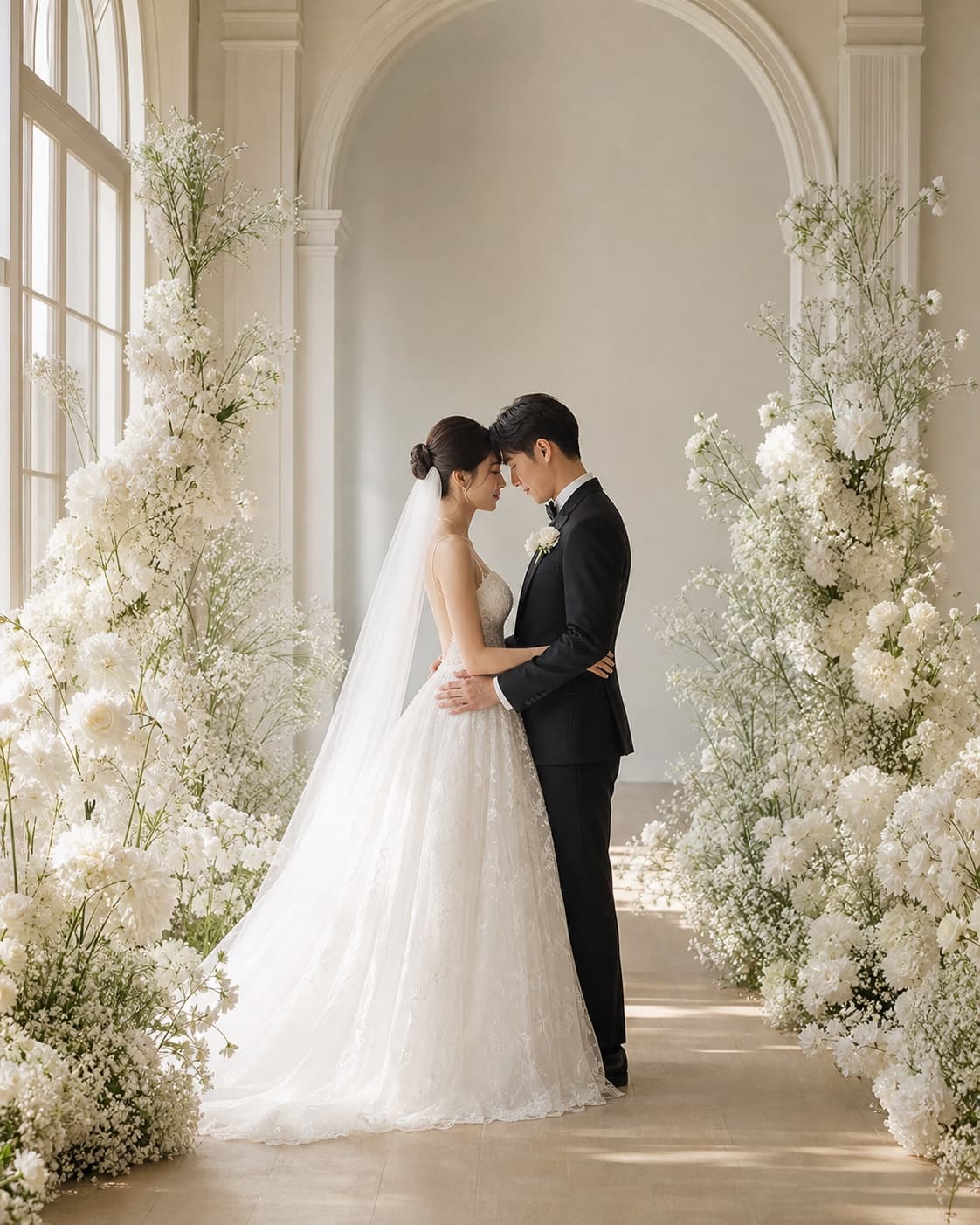 Cặp đôi chạm trán nhau giữa không gian hoa trắng và ánh sáng tự nhiên