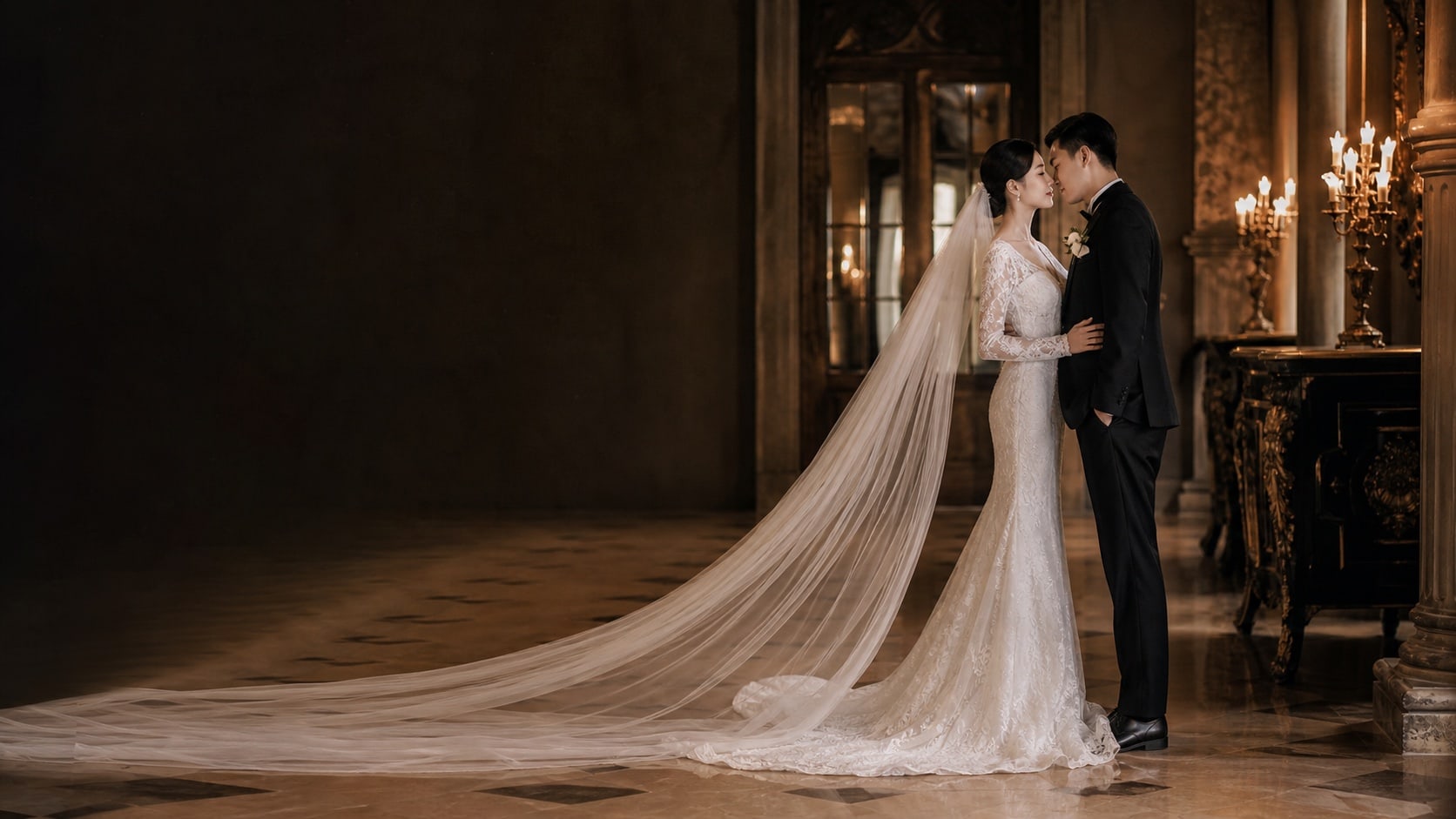Cô dâu và chú rể trong không gian cổ điển dưới ánh nến ấm