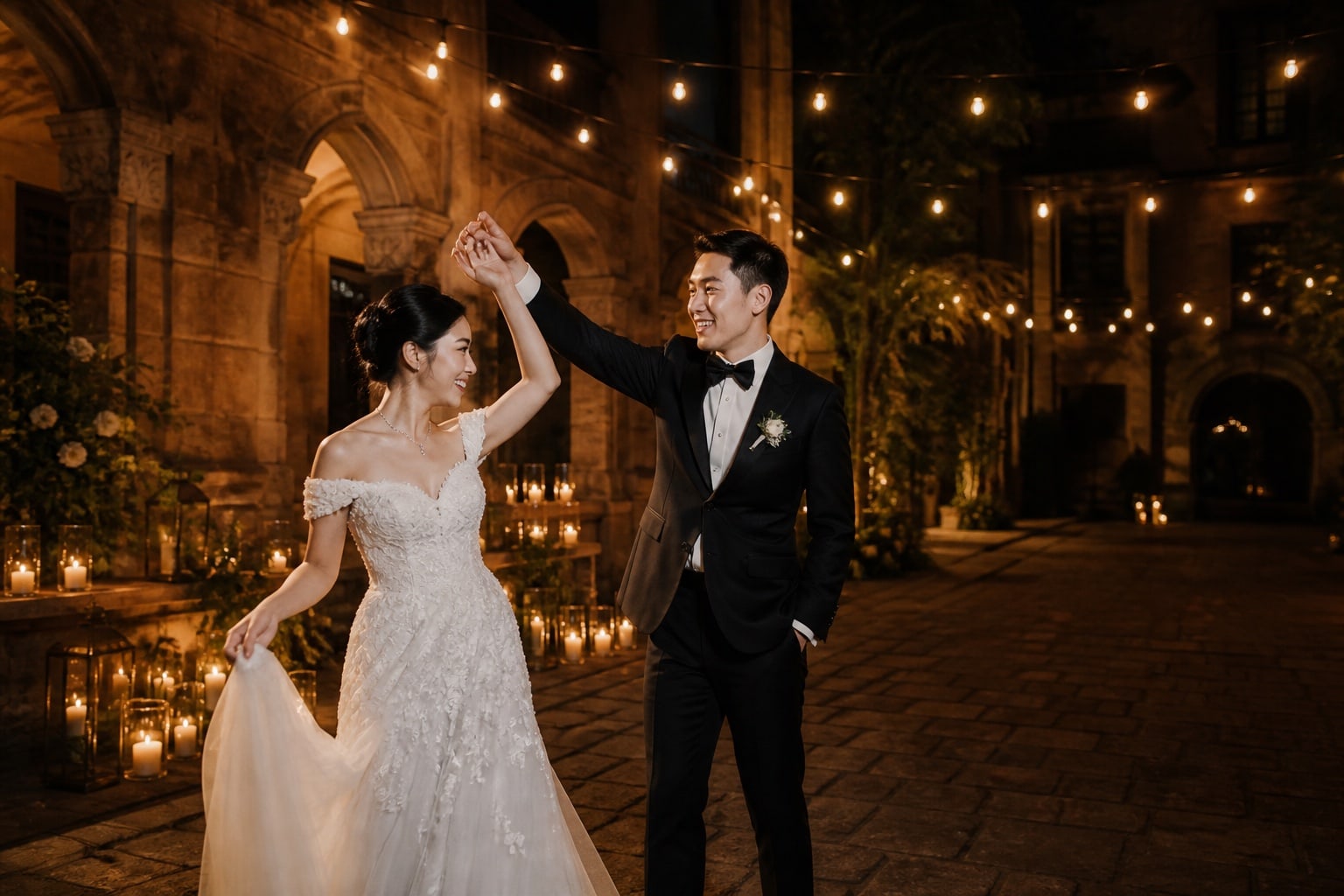 Cô dâu chú rể khiêu vũ trong sân cổ điển dưới ánh đèn